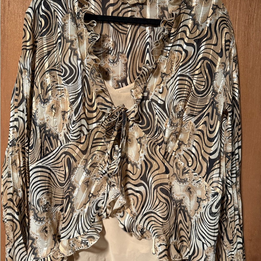 Notations Black and Tan Asymmetrical Tie Front Blouse